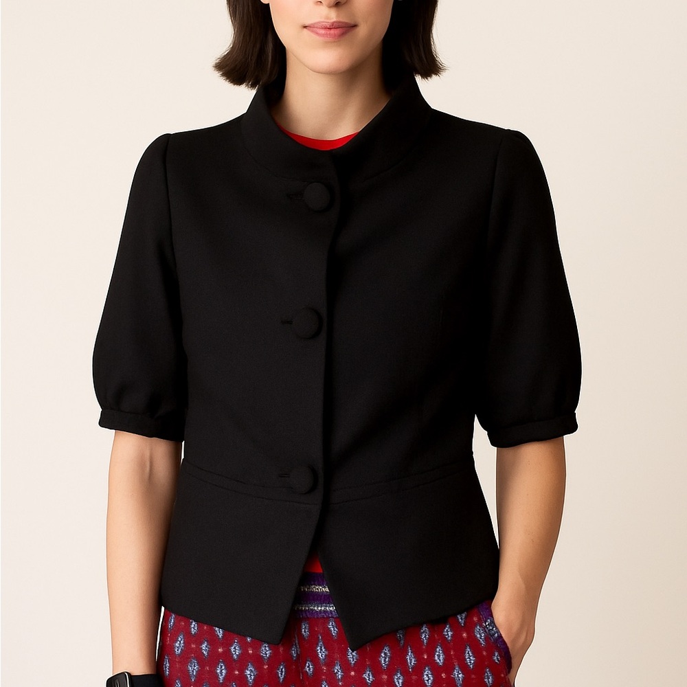 Vintage Worthington Black Crop Mod Short Sleeve Lined Trapeze Blazer Size Medium